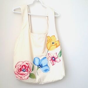 Reversible Floral Cotton Ecru Ivory Tote Bag Wedding Bridal Shower